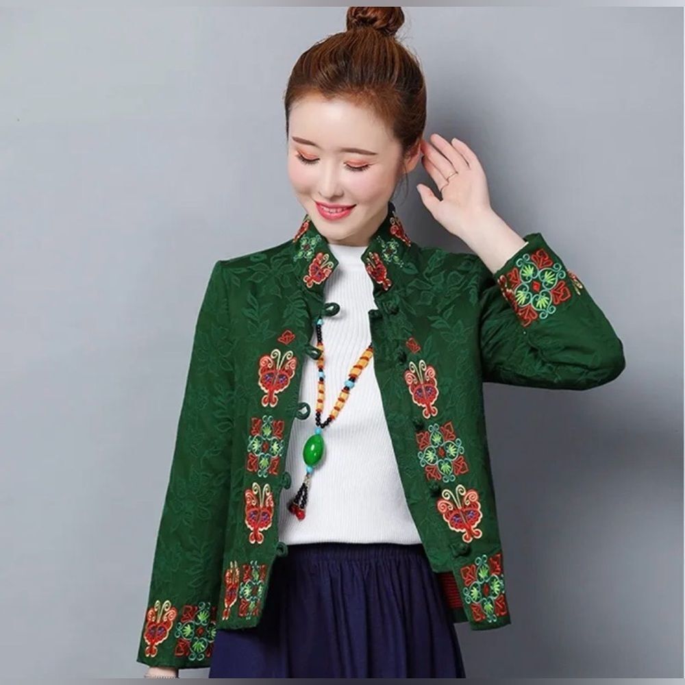 Mandarin Collar Reversible Embroidered Jacquard Jacket Coat M